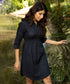 Navy Waist Gathered Curved Hem Linen Dress
